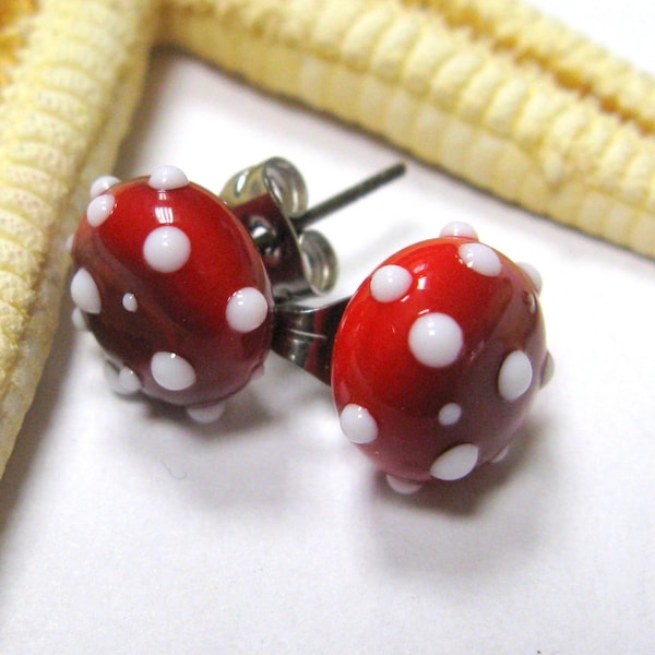 Glas Ohrstecker, rot-weiß, Polkadots, Chirurgenstahl, Muranoglas, Lampwork, MTO