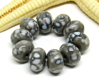 10 glassbeads, lampwork, muranoglass, 9mm x 6mm, grey, spacer, stonecolors, MTO