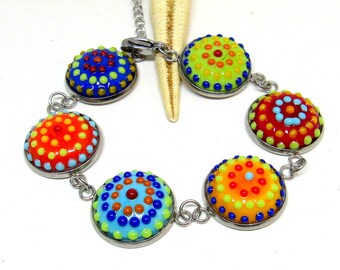 stainless steel bracelet with lampwork cabochons, colorful, MTO