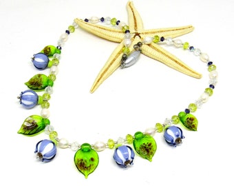 Muranoglas Collier, Blüten lila, Lampwork, 47cm, versandfertig