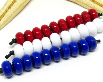 10 glassbeads, 8mm x 5mm, colorchoice: red, white or blue; hole 2mm, lampwork, MTO