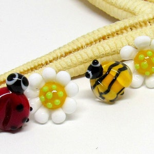 glass stud earrings, bee or ladybug with flower, lampwork, muranoglass, MTO image 1