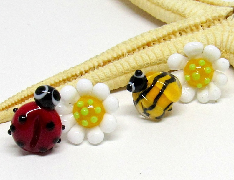 glass stud earrings, bee or ladybug with flower, lampwork, muranoglass, MTO image 1