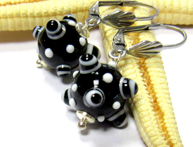 glass earrings, black-white, lampwork, muranoglass, MTO image 1
