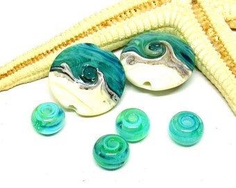 2 glassbeads for earrings, sea, lampwork, hole 2mm, MTO