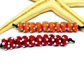 10 glassbeads SPACER, 8mmx5mm, red-white or orange-turquoise, hole 2mm, lampwork, MTO