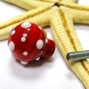 May include: A red and white glass mushroom-shaped knob with white polka dots. The knob is sitting on a beige starfish.