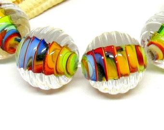 2 glassbeads, ribbed, riffled, colorful, lampwork, 13mm, hole 2mm, MTO