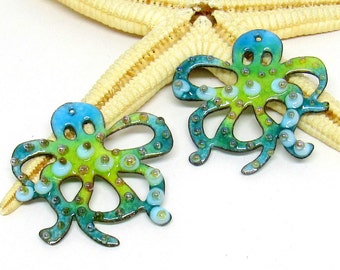 2 copper-elements enameled, octopus, components for making jewelry, MTO