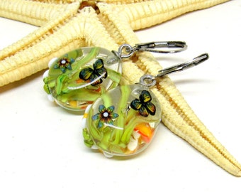 2 glass earrings butterflies, flower, mushroom, lampwork, muranoglass, ready to ship