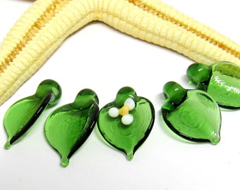 5 glass leaf beads, dark green, lampwork, muranoglass, 18mm x 12mm, hole 2mm, MTO