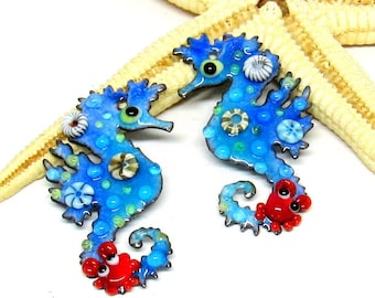 2 copper-elements enameled, seahorse, components  for making jewelry, MTO