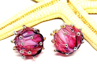 2 glassbeads flower, pink-purple blossom, lampwork, hole 2mm, MTO