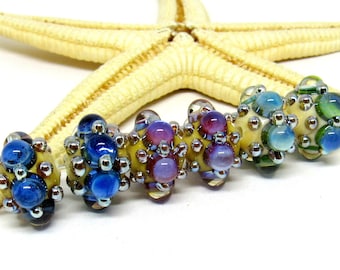2 glass beads, pink-, green- or blue-beige, 14mm x 10mm, lampwork, hole 2mm, MTO