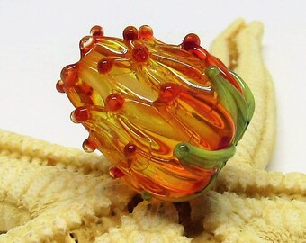 Glas Blüte, Muranoglas, Lampwork, orange, grün, Loch 2mm, MTO