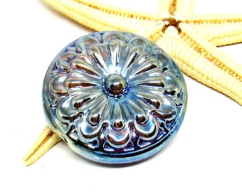 glassbead, lampwork, muranoglass, 40mm x 17mm, silver-golden shimmering, hole 2mm, ready to ship