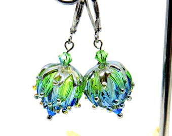 glass earrings flowers, transparent, blue, green, lampwork, muranoglass, MTO