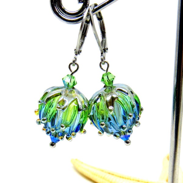 glass earrings flowers, transparent, blue, green, lampwork, muranoglass, MTO