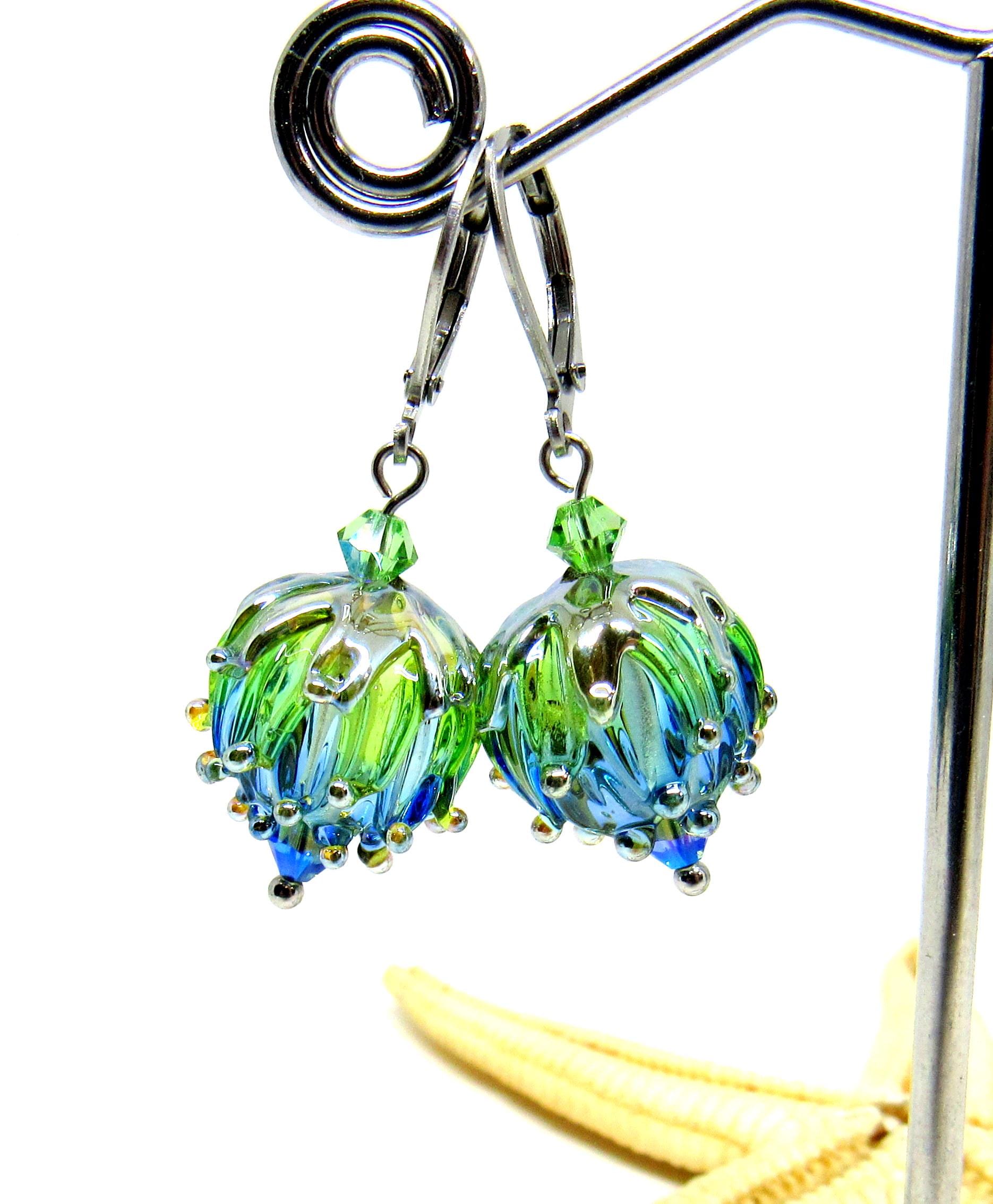 アクセサリー Organic motif Glass Earrings Glass Earrings Flowers, Transparent, Blue, Green, Lampwork