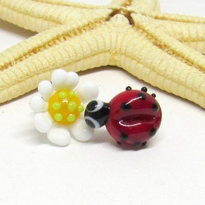 glass stud earrings, bee or ladybug with flower, lampwork, muranoglass, MTO image 6