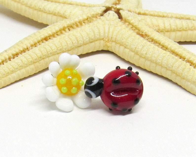 glass stud earrings, bee or ladybug with flower, lampwork, muranoglass, MTO image 6