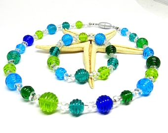 glass necklace, -bracelet with handmade lampwork beads, blue, green, turquoise, MTO