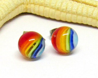 glass stud earrings rainbow, lampwork, muranoglass, MTO