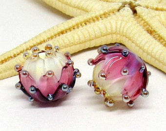 2 glass beads, blossom, pink-white-purple, 16mm, lampwork, hole 2mm, MTO