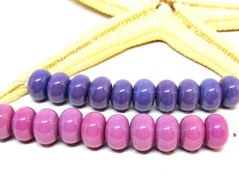 10 glassbeads, 8mm x 5mm or 5-6mm x 4mm, colorchoice: purple or pink; hole 2mm, lampwork, MTO
