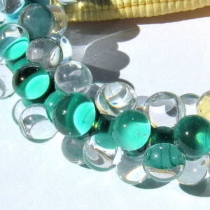 10 glassbeads, lampwork, muranoglass, 15mmx7mm, darkgreen, transparent, hole 2mm, MTO