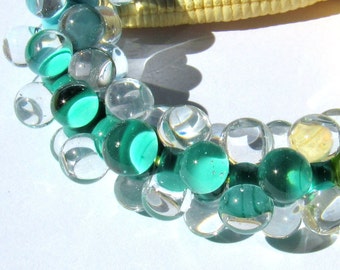 10 glassbeads, lampwork, muranoglass, 15mmx7mm, darkgreen, transparent, hole 2mm, MTO