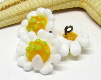 3 glass daisy beads, lampwork, 15mm x 8mm, 2mm eyelet, MTO