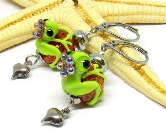 glass earrings, "golden" ball with frog, lampwork, muranoglass