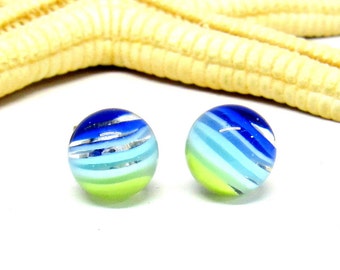 glass stud earrings blue-green, lampwork, muranoglass, ready to ship