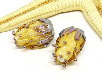 2 glassbeads blossom, topaz, golden, 19mm x 13mm, lampwork, hole 2mm, MTO