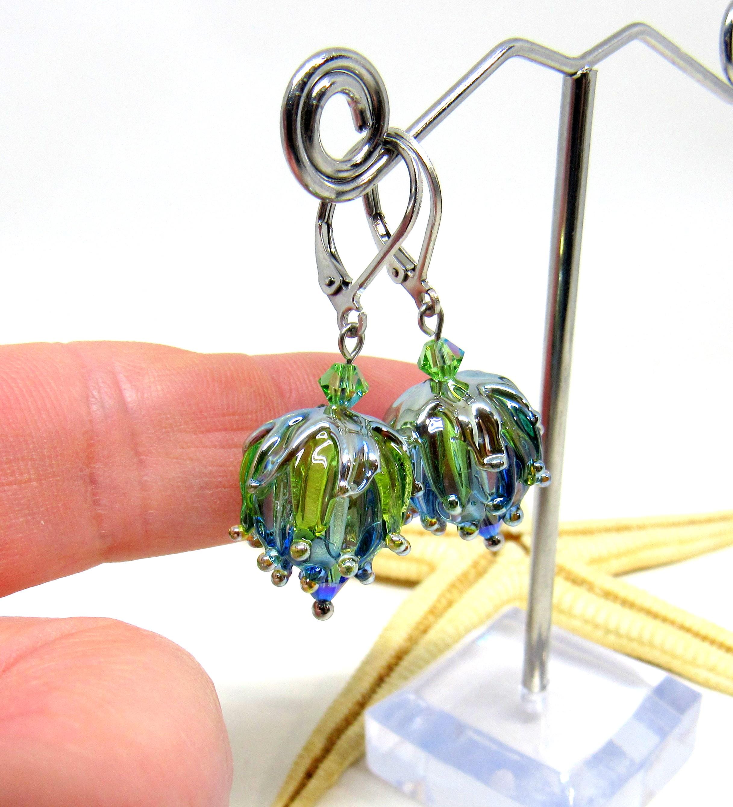 アクセサリー Organic motif Glass Earrings Glass Earrings Flowers, Transparent, Blue, Green, Lampwork