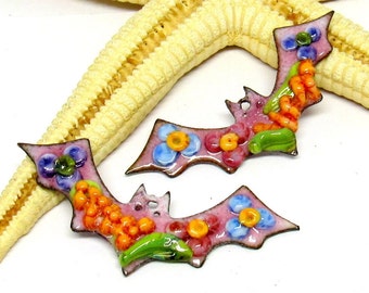 2 copper-bats enameled, 40mm x 15mm, components for making jewelry, MTO