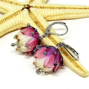 glass earrings flowers, pink-white-purple, lampwork, muranoglass, MTO