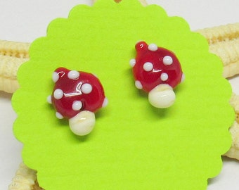 glass stud earrings, toadstool, lampwork, surgical steel