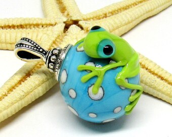 Glas Anhänger mit Frosch, Lampwork, Muranoglas, türkis, MTO