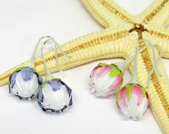 glass earrings, flowers, purple or pink, lampwork, muranoglass, MTO