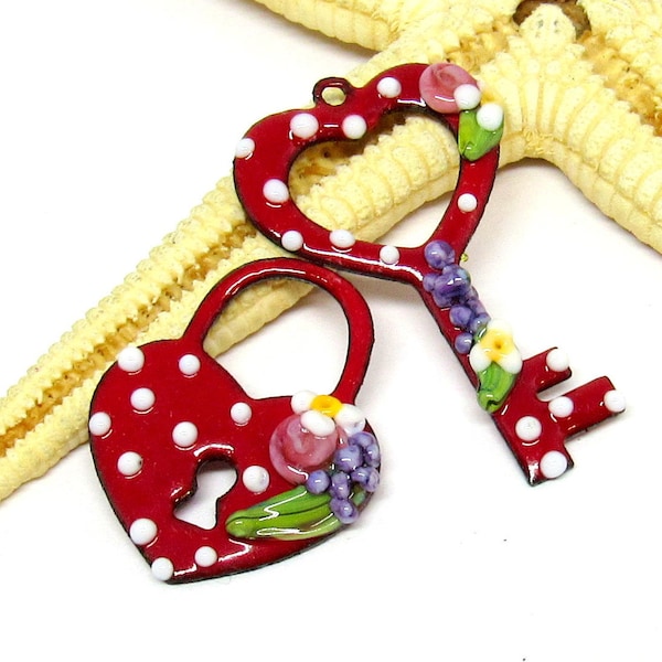 2 copper-elements enameled, lock + key, heart, love, valentine, components for jewelry making, MTO