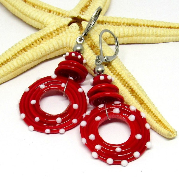 Glas Ohrringe, Muranoglas, Lampwork, rot, weiß, polkadots, MTO