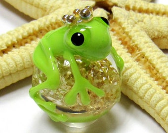 Glasperle mit Frosch, Muranoglas, Lampwork, als Perle oder Anhänger, Goldglitzer, MTO