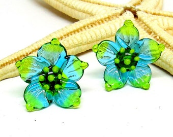 glass earstuds flower, blue-green, lampwork, muranoglass, ready to ship