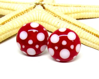 2 earstuds red-white, 10mm or 12mm, stainless steel, lampwork, MTO