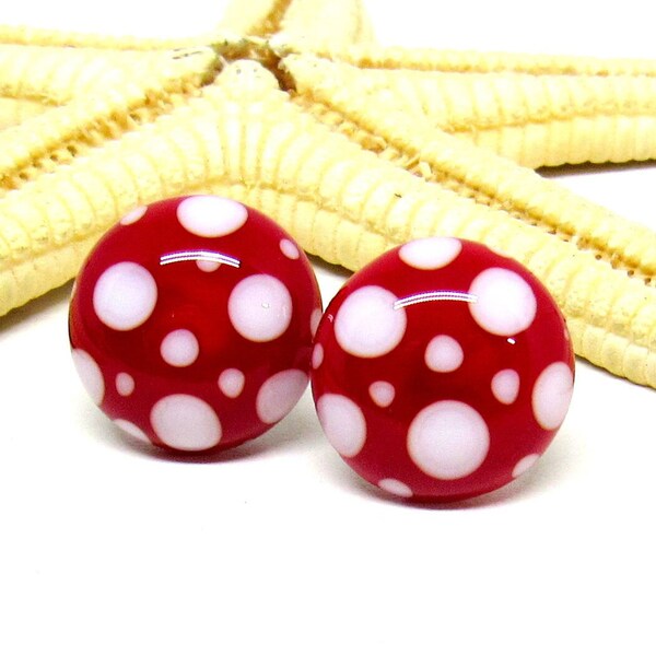 2 earstuds red-white, 10mm or 12mm, stainless steel, lampwork, MTO