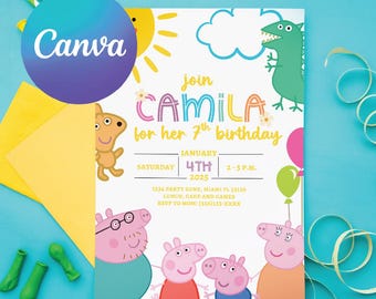 Peppa Pig-verjaardagsuitnodiging, bewerkbare canvassjabloon (digitale download: 5 x 7 inch)