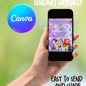 Op de afbeelding: Een smartphone toont een digitale uitnodiging voor een verjaardagsfeestje, met cartoonfiguren en de tekst "Valentina 5". De afbeelding bevat het Canva-logo en de zinnen "Save paper by sending digitally" en "Easy to send and share."
