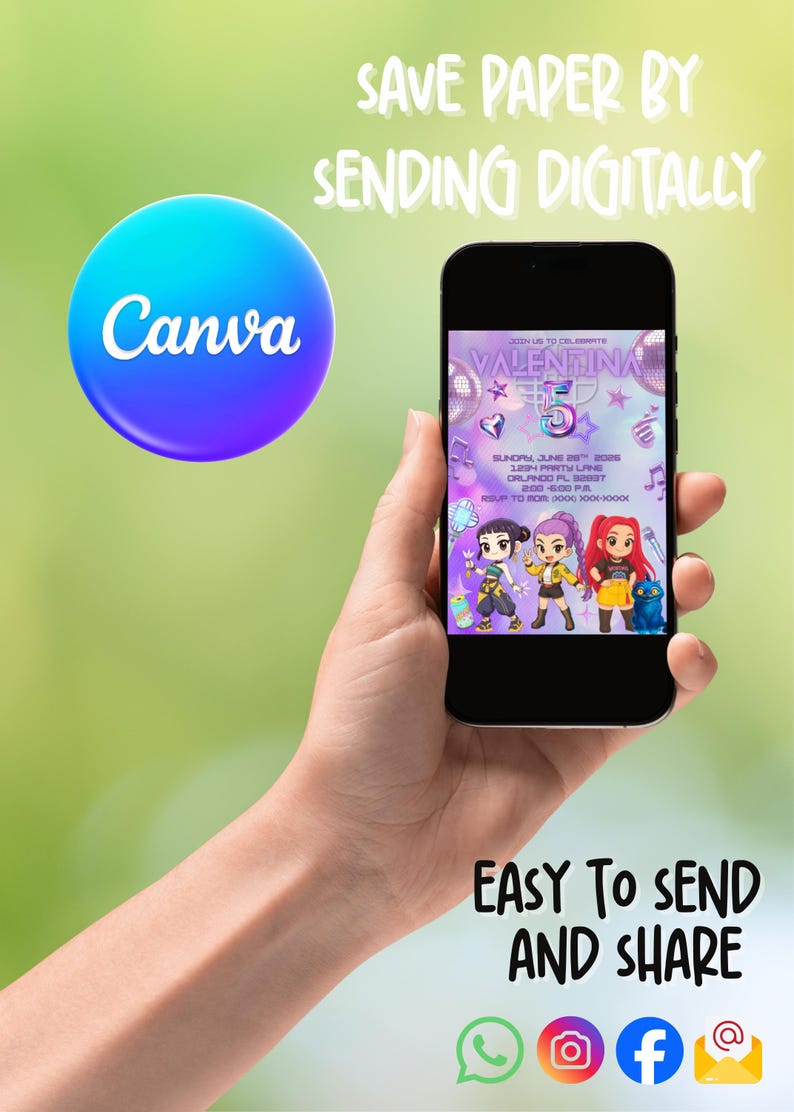 Op de afbeelding: Een smartphone toont een digitale uitnodiging voor een verjaardagsfeestje, met cartoonfiguren en de tekst "Valentina 5". De afbeelding bevat het Canva-logo en de zinnen "Save paper by sending digitally" en "Easy to send and share."